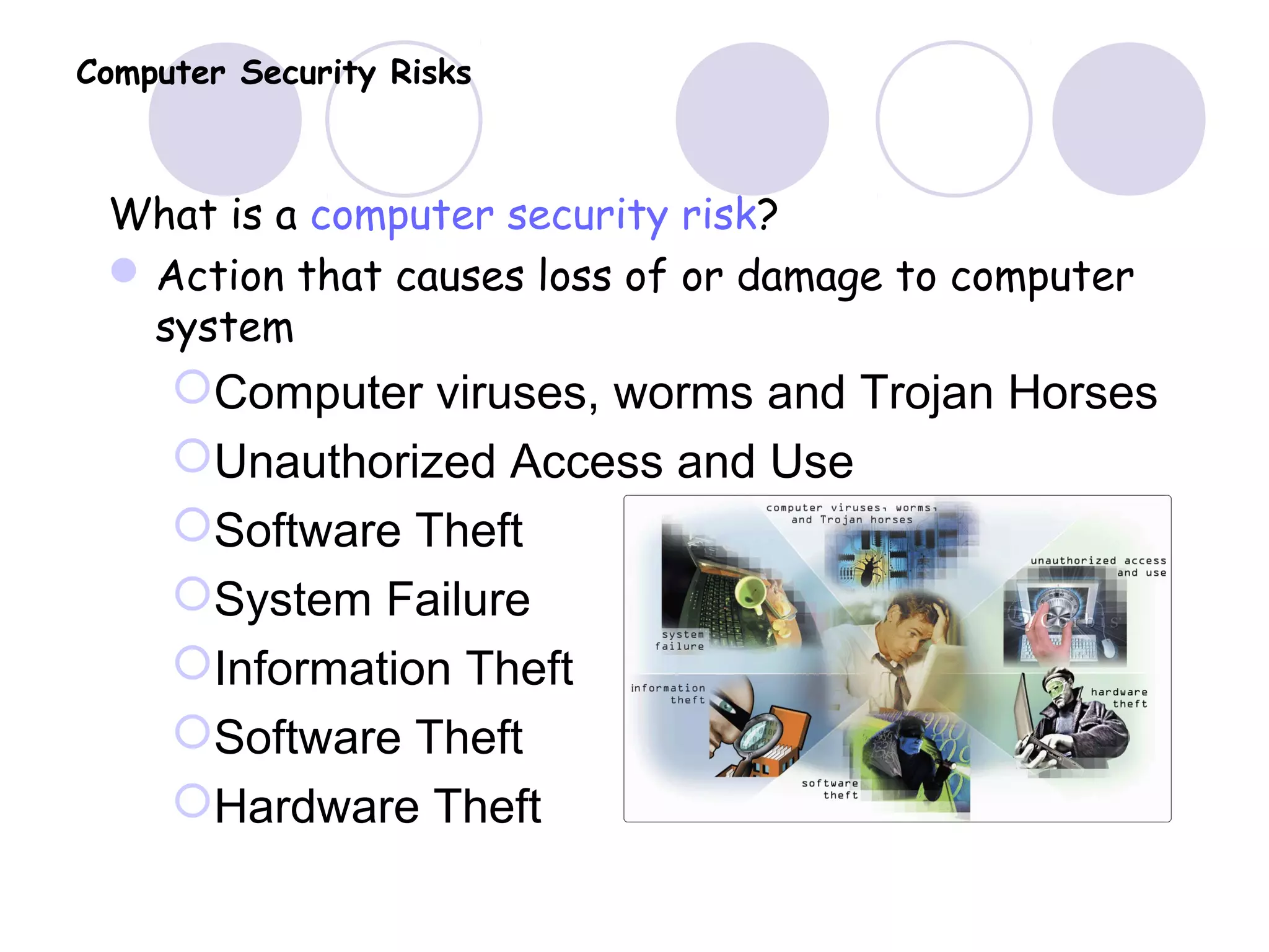 Computer Security Risks
What is a computer security risk?
Action that causes loss of or damage to computer
system
Computer viruses, worms and Trojan Horses
Unauthorized Access and Use
Software Theft
System Failure
Information Theft
Software Theft
Hardware Theft
 