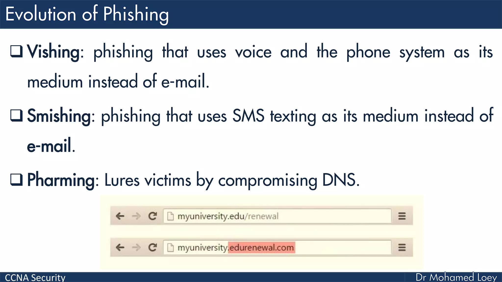 CCNA Security
 Vishing: phishing that uses voice and the phone system as its
medium instead of e-mail.
 Smishing: phishing that uses SMS texting as its medium instead of
e-mail.
 Pharming: Lures victims by compromising DNS.
 