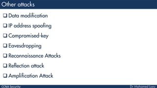 CCNA Security
 Data modification
 IP address spoofing
 Compromised-key
 Eavesdropping
 Reconnaissance Attacks
 Reflection attack
 Amplification Attack
 