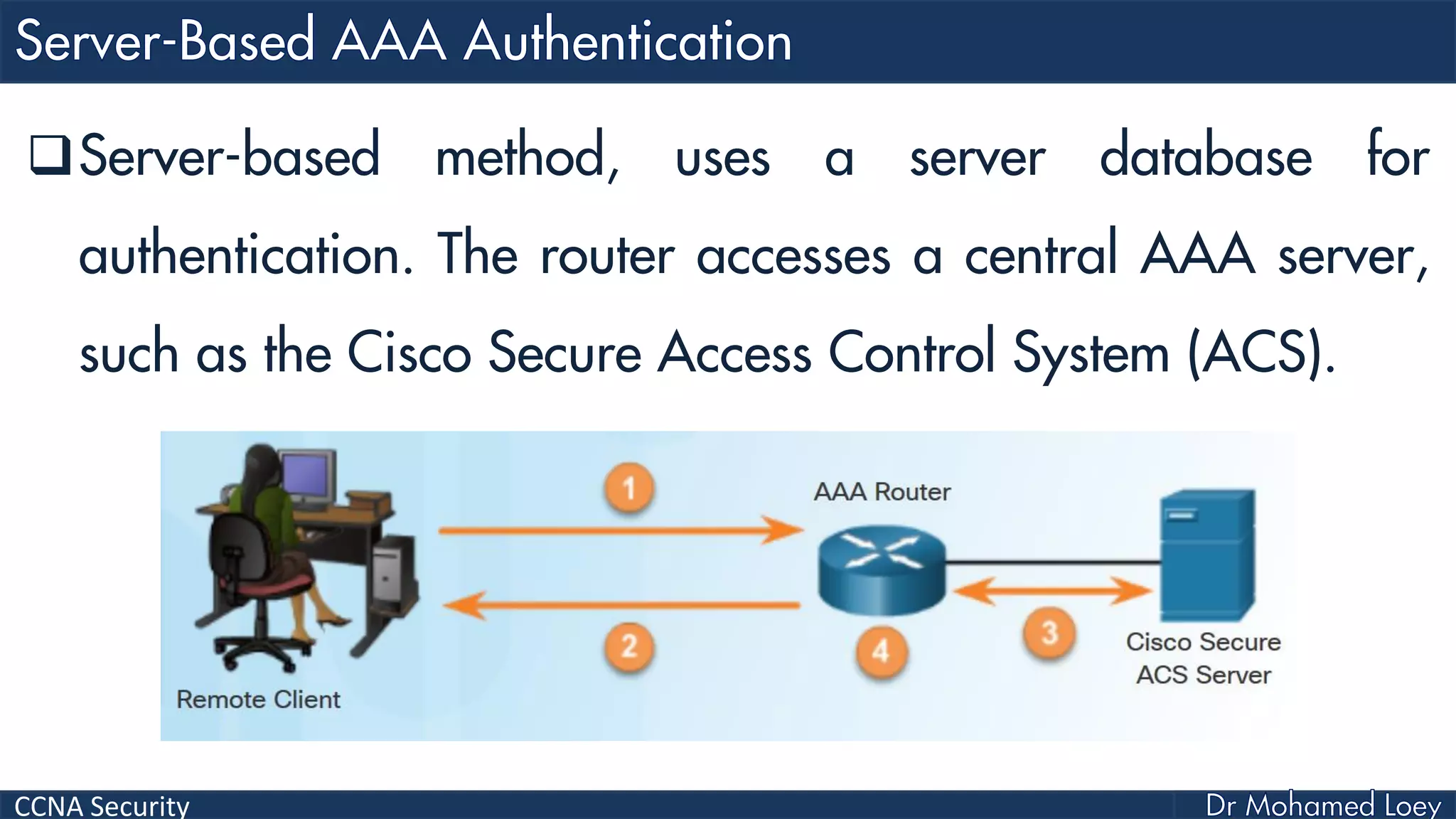 CCNA Security
Server-based method, uses a server database for
authentication. The router accesses a central AAA server,
such as the Cisco Secure Access Control System (ACS).
 