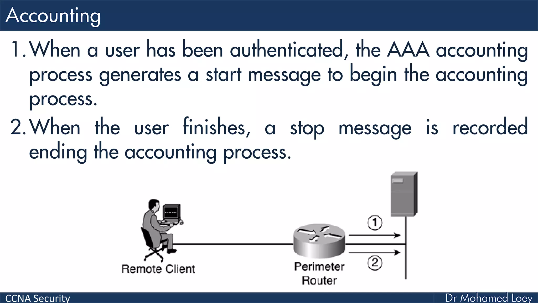 CCNA Security
1.When a user has been authenticated, the AAA accounting
process generates a start message to begin the accounting
process.
2.When the user finishes, a stop message is recorded
ending the accounting process.
 