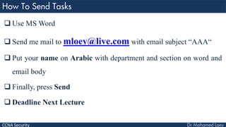 CCNA Security
 Use MS Word
 Send me mail to mloey@live.com with email subject “AAA“
 Put your name on Arabic with department and section on word and
email body
 Finally, press Send
 Deadline Next Lecture
 
