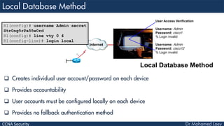 CCNA Security
 Creates individual user account/password on each device
 Provides accountability
 User accounts must be configured locally on each device
 Provides no fallback authentication method
Internet
User Access Verification
Username: Admin
Password: cisco1
% Login invalid
Username: Admin
Password: cisco12
% Login invalid
Local Database Method
R1(config)# username Admin secret
Str0ng5rPa55w0rd
R1(config)# line vty 0 4
R1(config-line)# login local
 