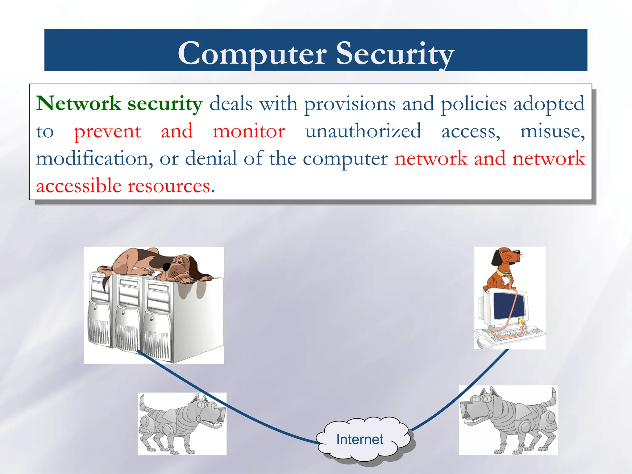 Computer Security
Network security deals with provisions and policies adopted
to prevent and monitor unauthorized access, misuse,
modification, or denial of the computer network and network
accessible resources.
Internet
 