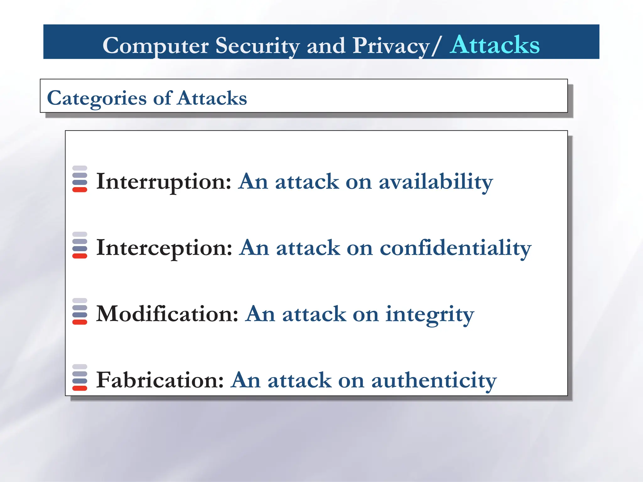 Computer Security and Privacy/ Attacks
Interruption: An attack on availability
Interception: An attack on confidentiality
Modification: An attack on integrity
Fabrication: An attack on authenticity
Categories of Attacks
 