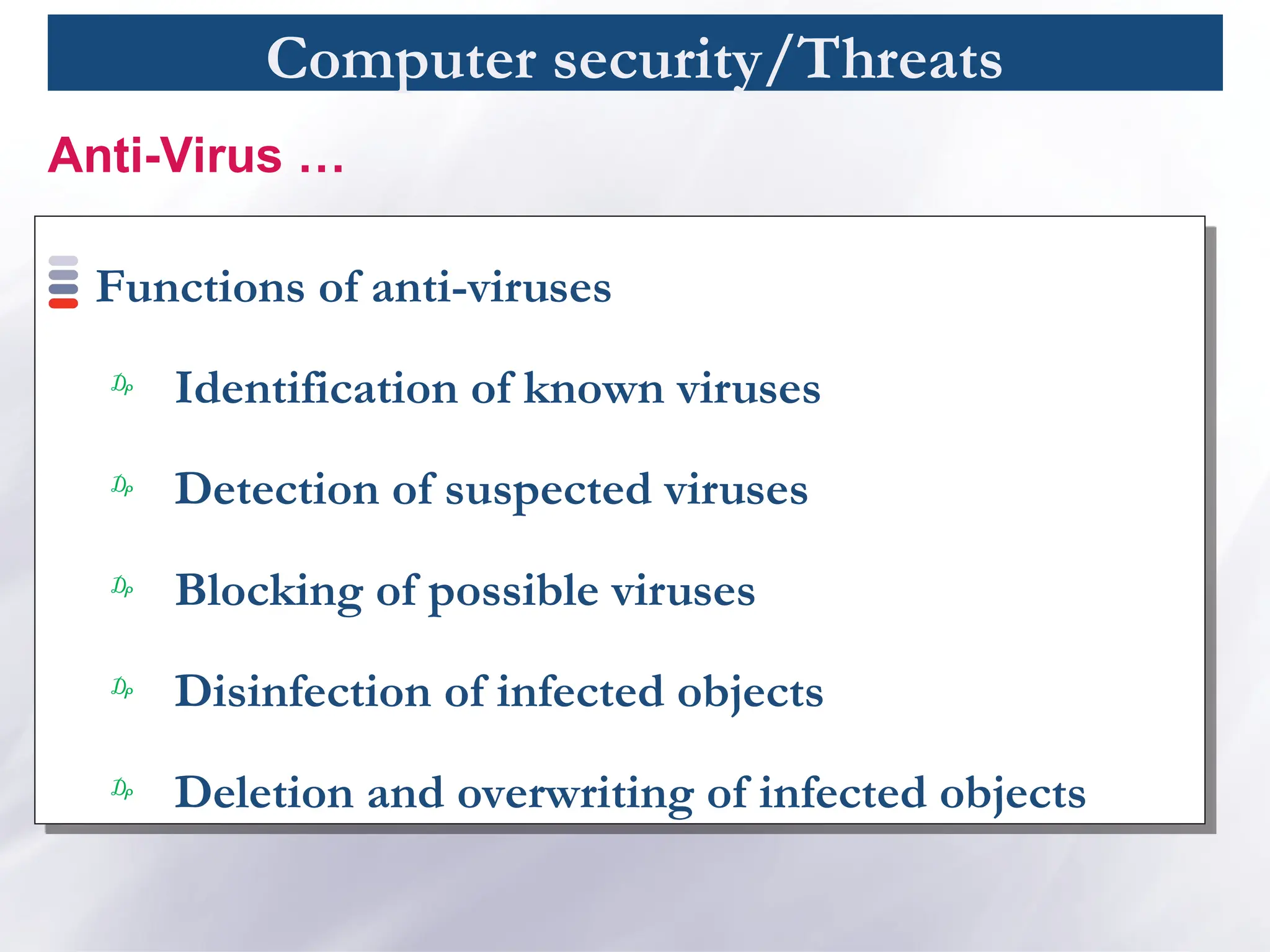 Computer security/Threats
Functions of anti-viruses
₯
Identification of known viruses
₯
Detection of suspected viruses
₯
Blocking of possible viruses
₯
Disinfection of infected objects
₯
Deletion and overwriting of infected objects
Anti-Virus …
 