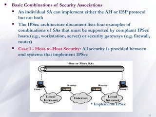 32
* Implements IPSec
▪ Basic Combinations of Security Associations
▪ An individual SA can implement either the AH or ESP protocol
but not both
▪ The IPSec architecture document lists four examples of
combinations of SAs that must be supported by compliant IPSec
hosts (e.g., workstation, server) or security gateways (e.g. firewall,
router)
▪ Case 1 - Host-to-Host Security: All security is provided between
end systems that implement IPSec
 