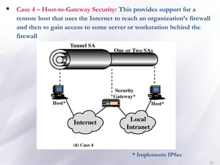 35
* Implements IPSec
▪ Case 4 – Host-to-Gateway Security: This provides support for a
remote host that uses the Internet to reach an organization’s firewall
and then to gain access to some server or workstation behind the
firewall
 
