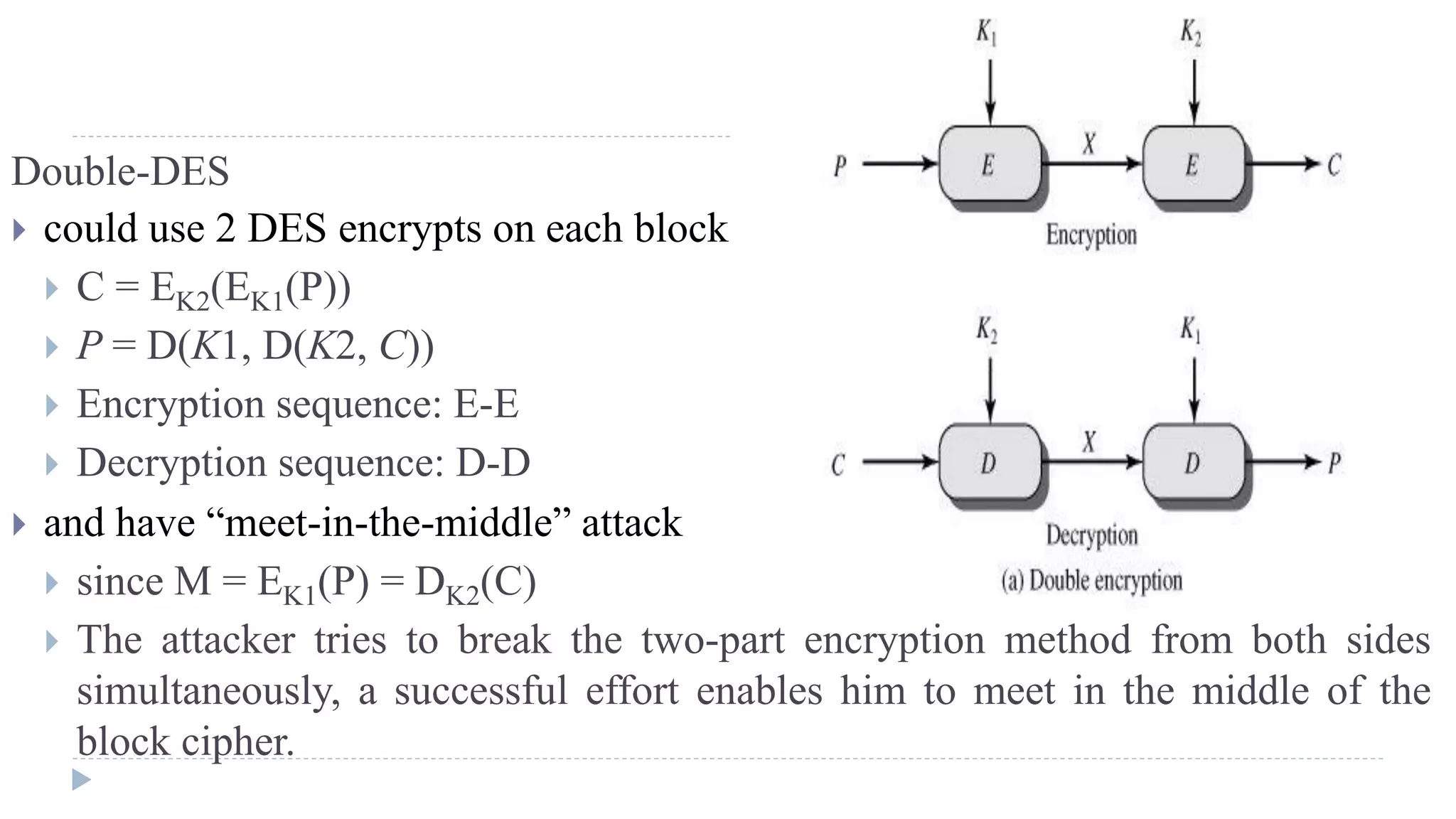 Double-DES
 could use 2 DES encrypts on each block
 C = EK2(EK1(P))
 P = D(K1, D(K2, C))
 Encryption sequence: E-E
 Decryption sequence: D-D
 and have “meet-in-the-middle” attack
 since M = EK1(P) = DK2(C)
 The attacker tries to break the two-part encryption method from both sides
simultaneously, a successful effort enables him to meet in the middle of the
block cipher.
 