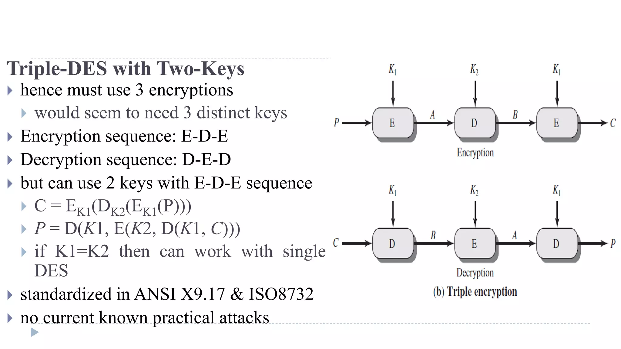 Triple-DES with Two-Keys
 hence must use 3 encryptions
 would seem to need 3 distinct keys
 Encryption sequence: E-D-E
 Decryption sequence: D-E-D
 but can use 2 keys with E-D-E sequence
 C = EK1(DK2(EK1(P)))
 P = D(K1, E(K2, D(K1, C)))
 if K1=K2 then can work with single
DES
 standardized in ANSI X9.17 & ISO8732
 no current known practical attacks
 