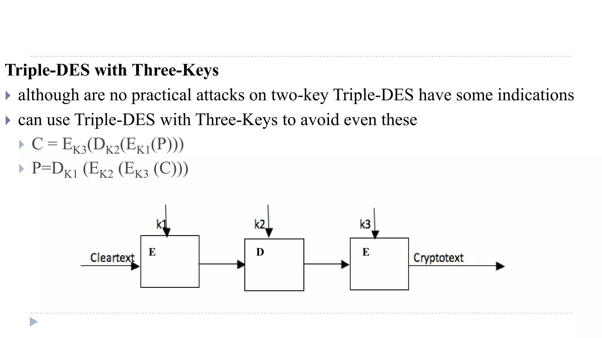Triple-DES with Three-Keys
 although are no practical attacks on two-key Triple-DES have some indications
 can use Triple-DES with Three-Keys to avoid even these
 C = EK3(DK2(EK1(P)))
 P=DK1 (EK2 (EK3 (C)))
E D E
 