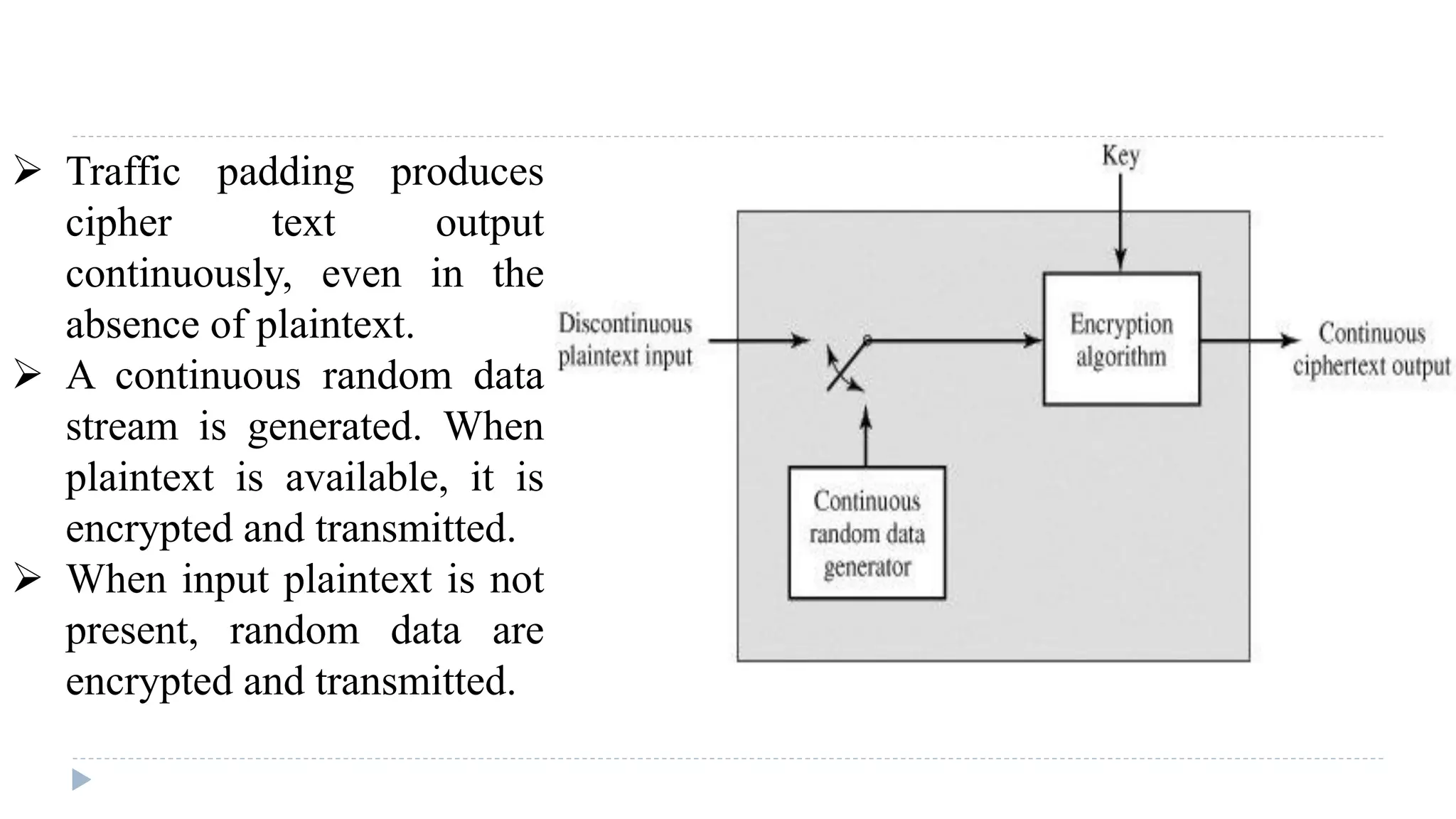  Traffic padding produces
cipher text output
continuously, even in the
absence of plaintext.
 A continuous random data
stream is generated. When
plaintext is available, it is
encrypted and transmitted.
 When input plaintext is not
present, random data are
encrypted and transmitted.
 
