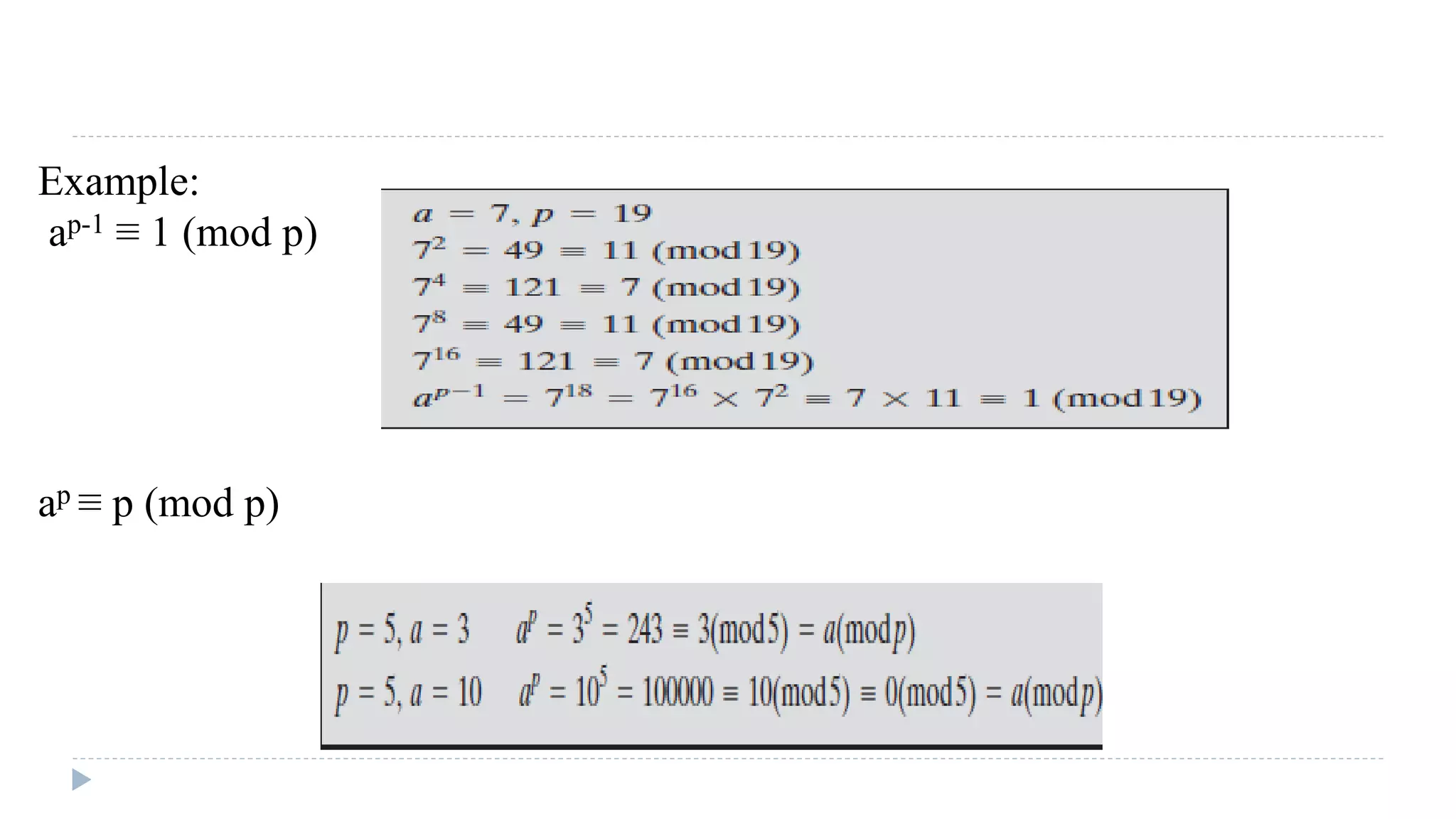 Example:
ap-1 ≡ 1 (mod p)
ap ≡ p (mod p)
 