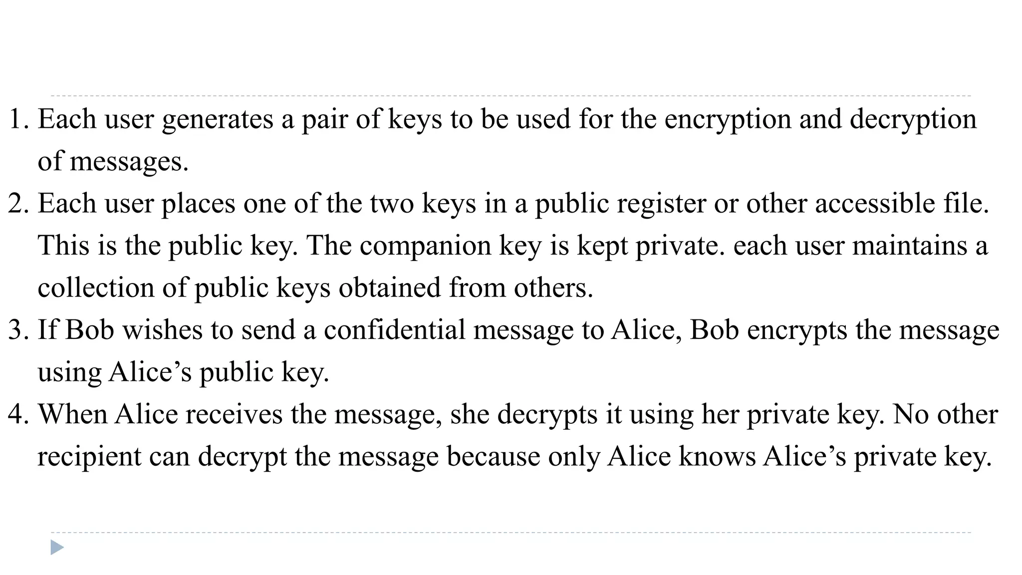1. Each user generates a pair of keys to be used for the encryption and decryption
of messages.
2. Each user places one of the two keys in a public register or other accessible file.
This is the public key. The companion key is kept private. each user maintains a
collection of public keys obtained from others.
3. If Bob wishes to send a confidential message to Alice, Bob encrypts the message
using Alice’s public key.
4. When Alice receives the message, she decrypts it using her private key. No other
recipient can decrypt the message because only Alice knows Alice’s private key.
 