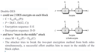 Double-DES
 could use 2 DES encrypts on each block
 C = EK2(EK1(P))
 P = D(K1, D(K2, C))
 Encryption sequence: E-E
 Decryption sequence: D-D
 and have “meet-in-the-middle” attack
 since M = EK1(P) = DK2(C)
 The attacker tries to break the two-part encryption method from both sides
simultaneously, a successful effort enables him to meet in the middle of the
block cipher.
 