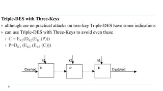 Triple-DES with Three-Keys
 although are no practical attacks on two-key Triple-DES have some indications
 can use Triple-DES with Three-Keys to avoid even these
 C = EK3(DK2(EK1(P)))
 P=DK1 (EK2 (EK3 (C)))
E D E
 