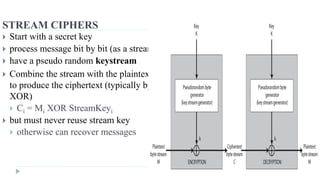 STREAM CIPHERS
 Start with a secret key
 process message bit by bit (as a stream)
 have a pseudo random keystream
 Combine the stream with the plaintext
to produce the ciphertext (typically by
XOR)
 Ci = Mi XOR StreamKeyi
 but must never reuse stream key
 otherwise can recover messages
 