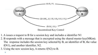 Decentralized Key Control
1. A issues a request to B for a session key and includes a identifier N1
2. B responds with a message that is encrypted using the shared master key(MKm).
The response includes the session key selected by B, an identifier of B, the value
f(N1), and another identifier, N2.
3. Using the new session key, A returns f(N2) to B.
 