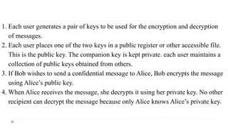 1. Each user generates a pair of keys to be used for the encryption and decryption
of messages.
2. Each user places one of the two keys in a public register or other accessible file.
This is the public key. The companion key is kept private. each user maintains a
collection of public keys obtained from others.
3. If Bob wishes to send a confidential message to Alice, Bob encrypts the message
using Alice’s public key.
4. When Alice receives the message, she decrypts it using her private key. No other
recipient can decrypt the message because only Alice knows Alice’s private key.
 