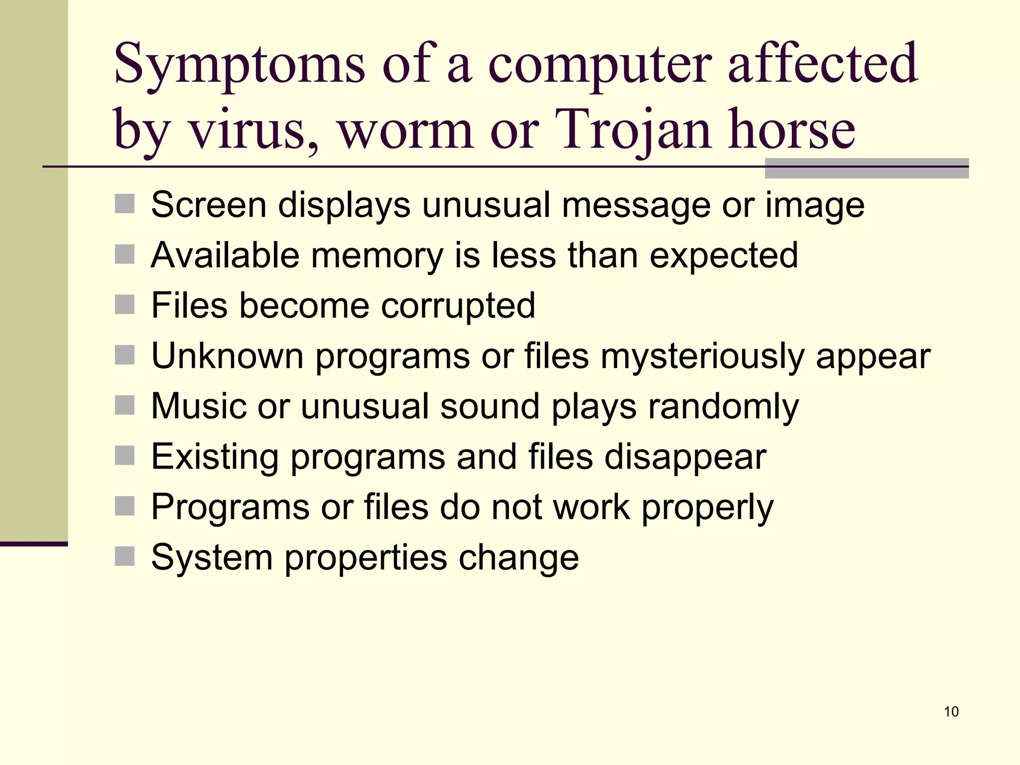 Symptoms of a computer affected by virus, worm or Trojan horse Screen displays unusual message or image Available memory is less than expected Files become corrupted Unknown programs or files mysteriously appear Music or unusual sound plays randomly Existing programs and files disappear Programs or files do not work properly System properties change 