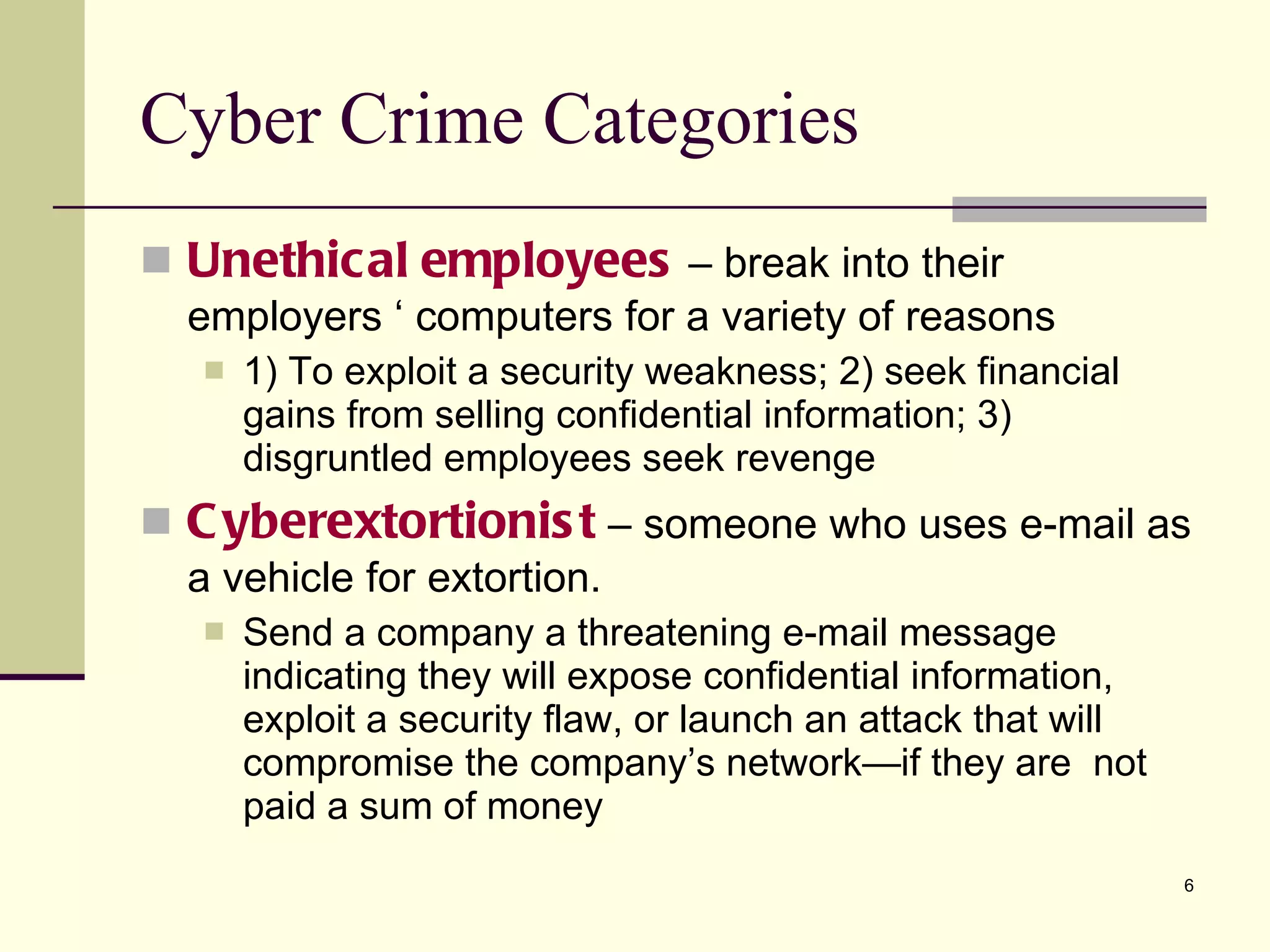 Unethical   employees  – break into their employers ‘ computers for a variety of reasons 1) To exploit a security weakness; 2) seek financial gains from selling confidential information; 3) disgruntled employees seek revenge Cyberextortionist  – someone who uses e-mail as a vehicle for extortion. Send a company a threatening e-mail message indicating they will expose confidential information, exploit a security flaw, or launch an attack that will compromise the company’s network—if they are  not paid a sum of money Cyber Crime Categories 