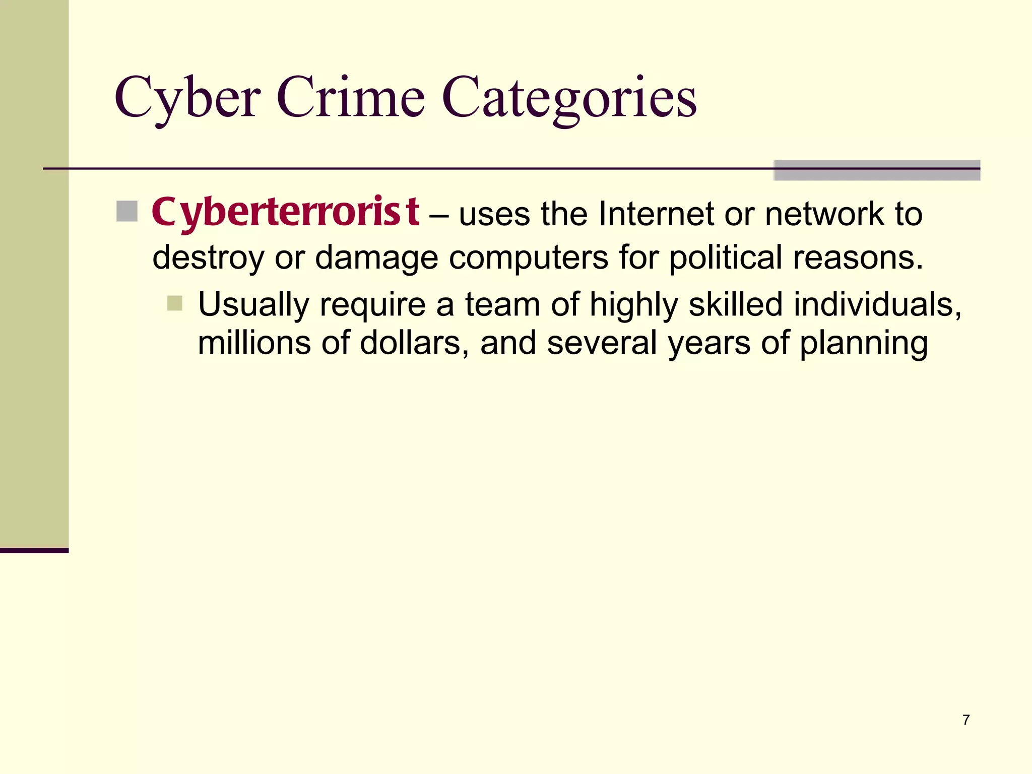 Cyberterrorist  – uses the Internet or network to destroy or damage computers for political reasons. Usually require a team of highly skilled individuals, millions of dollars, and several years of planning Cyber Crime Categories 