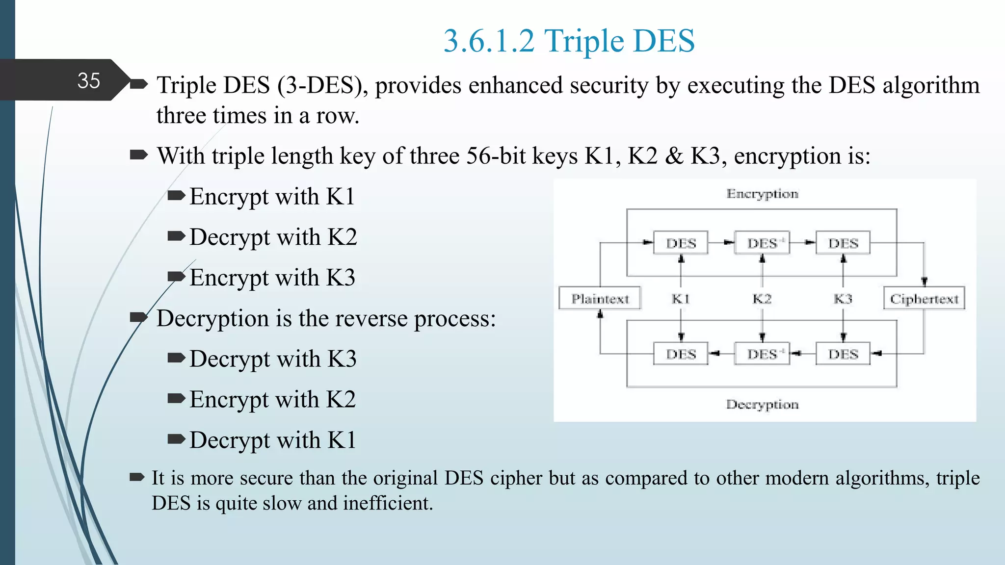 3.6.1.2 Triple DES
 Triple DES (3-DES), provides enhanced security by executing the DES algorithm
three times in a row.
 With triple length key of three 56-bit keys K1, K2 & K3, encryption is:
Encrypt with K1
Decrypt with K2
Encrypt with K3
 Decryption is the reverse process:
Decrypt with K3
Encrypt with K2
Decrypt with K1
 It is more secure than the original DES cipher but as compared to other modern algorithms, triple
DES is quite slow and inefficient.
35
 