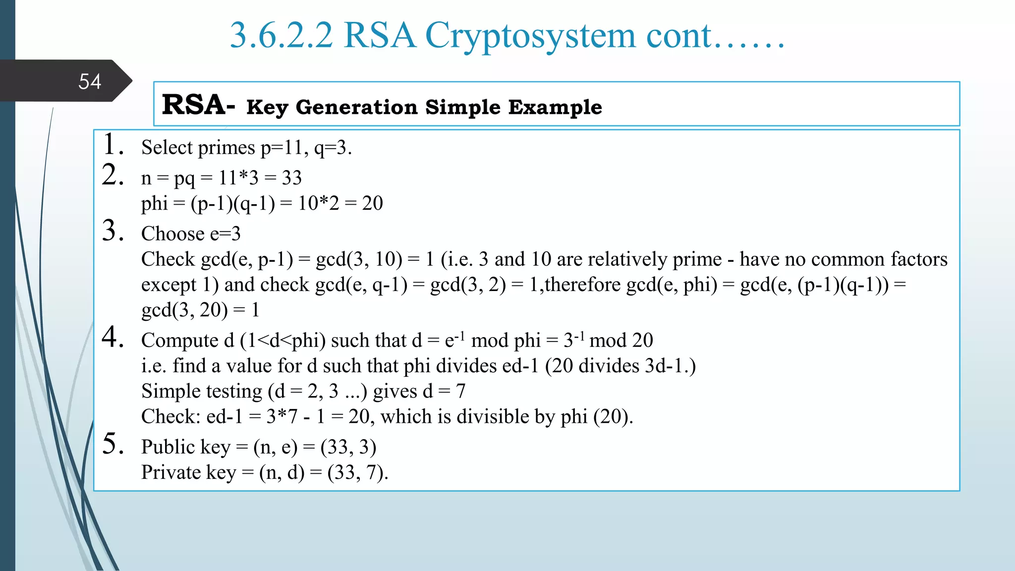 3.6.2.2 RSA Cryptosystem cont……
RSA- Key Generation Simple Example
1. Select primes p=11, q=3.
2. n = pq = 11*3 = 33
phi = (p-1)(q-1) = 10*2 = 20
3. Choose e=3
Check gcd(e, p-1) = gcd(3, 10) = 1 (i.e. 3 and 10 are relatively prime - have no common factors
except 1) and check gcd(e, q-1) = gcd(3, 2) = 1,therefore gcd(e, phi) = gcd(e, (p-1)(q-1)) =
gcd(3, 20) = 1
4. Compute d (1<d<phi) such that d = e-1 mod phi = 3-1 mod 20
i.e. find a value for d such that phi divides ed-1 (20 divides 3d-1.)
Simple testing (d = 2, 3 ...) gives d = 7
Check: ed-1 = 3*7 - 1 = 20, which is divisible by phi (20).
5. Public key = (n, e) = (33, 3)
Private key = (n, d) = (33, 7).
54
 