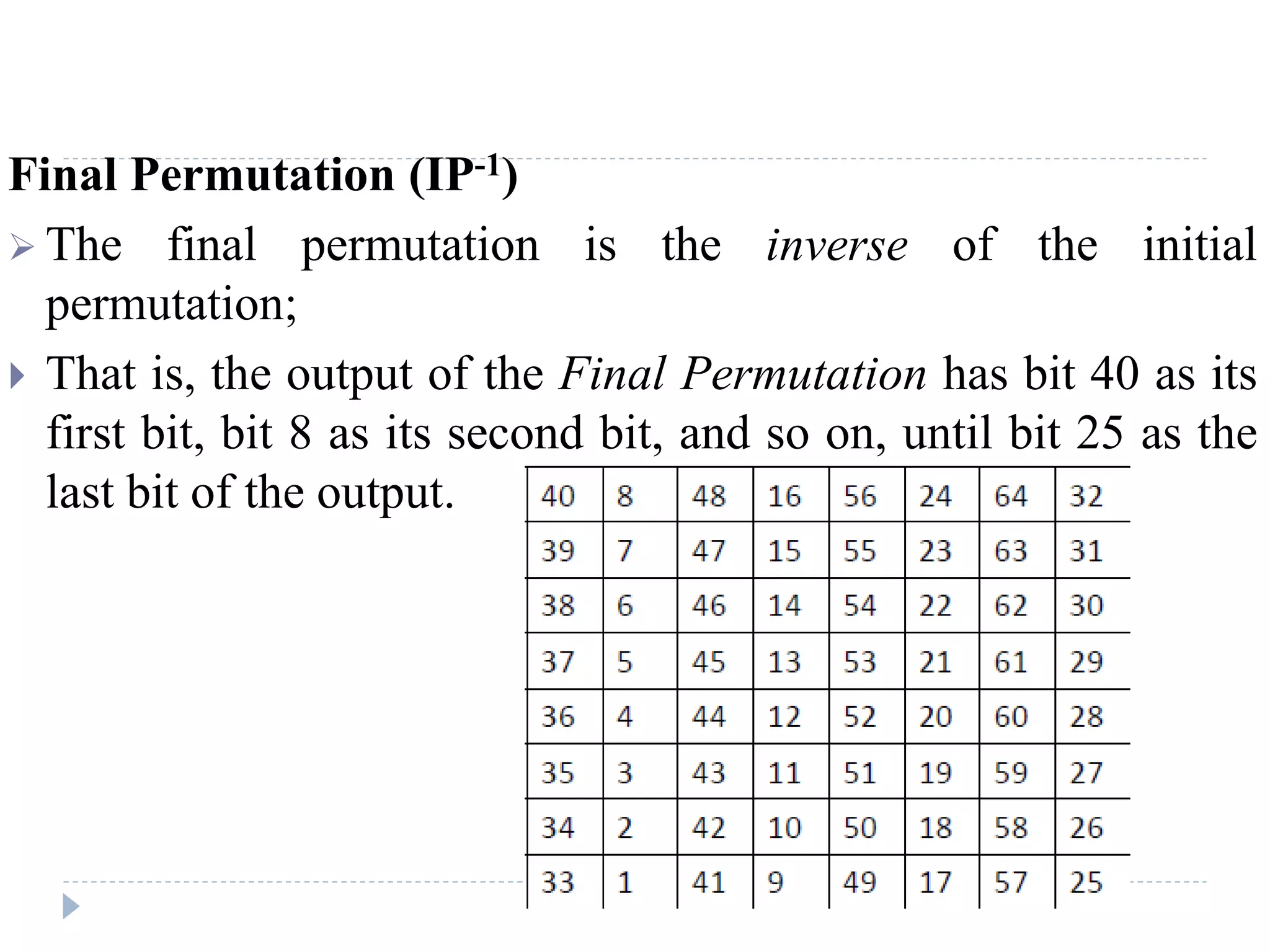 Final Permutation (IP-1)
 The final permutation is the inverse of the initial
permutation;
 That is, the output of the Final Permutation has bit 40 as its
first bit, bit 8 as its second bit, and so on, until bit 25 as the
last bit of the output.
 