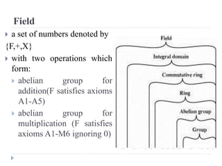 Field
 a set of numbers denoted by
{F,+,X}
 with two operations which
form:
 abelian group for
addition(F satisfies axioms
A1-A5)
 abelian group for
multiplication (F satisfies
axioms A1-M6 ignoring 0)
 