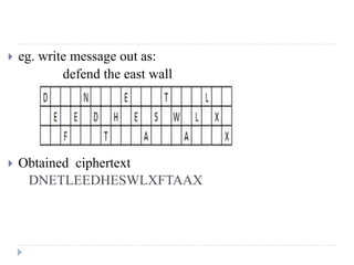  eg. write message out as:
defend the east wall
 Obtained ciphertext
DNETLEEDHESWLXFTAAX
 