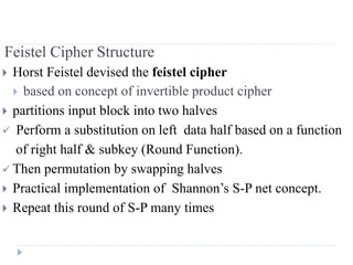 Feistel Cipher Structure
 Horst Feistel devised the feistel cipher
 based on concept of invertible product cipher
 partitions input block into two halves
 Perform a substitution on left data half based on a function
of right half & subkey (Round Function).
 Then permutation by swapping halves
 Practical implementation of Shannon’s S-P net concept.
 Repeat this round of S-P many times
 