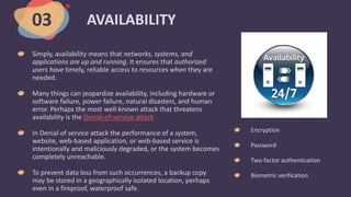 AVAILABILITY
Simply, availability means that networks, systems, and
applications are up and running. It ensures that authorized
users have timely, reliable access to resources when they are
needed.
Many things can jeopardize availability, including hardware or
software failure, power failure, natural disasters, and human
error. Perhaps the most well-known attack that threatens
availability is the Denial-of-service attack
In Denial of service attack the performance of a system,
website, web-based application, or web-based service is
intentionally and maliciously degraded, or the system becomes
completely unreachable.
To prevent data loss from such occurrences, a backup copy
may be stored in a geographically isolated location, perhaps
even in a fireproof, waterproof safe.
03
Encryption
Password
Two-factor authentication
Biometric verification
 