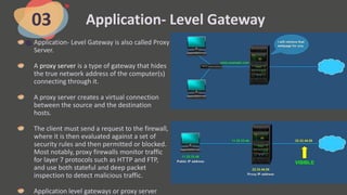 Application- Level Gateway
03
Application- Level Gateway is also called Proxy
Server.
A proxy server is a type of gateway that hides
the true network address of the computer(s)
connecting through it.
A proxy server creates a virtual connection
between the source and the destination
hosts.
The client must send a request to the firewall,
where it is then evaluated against a set of
security rules and then permitted or blocked.
Most notably, proxy firewalls monitor traffic
for layer 7 protocols such as HTTP and FTP,
and use both stateful and deep packet
inspection to detect malicious traffic.
Application level gateways or proxy server
 