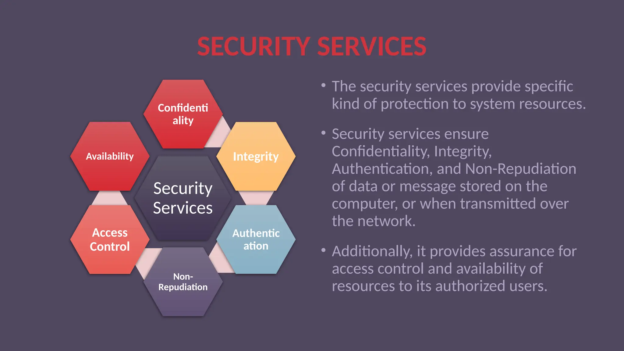SECURITY SERVICES
• The security services provide specific
kind of protection to system resources.
• Security services ensure
Confidentiality, Integrity,
Authentication, and Non-Repudiation
of data or message stored on the
computer, or when transmitted over
the network.
• Additionally, it provides assurance for
access control and availability of
resources to its authorized users.
Security
Services
Confidenti
ality
Integrity
Authentic
ation
Non-
Repudiation
Access
Control
Availability
 