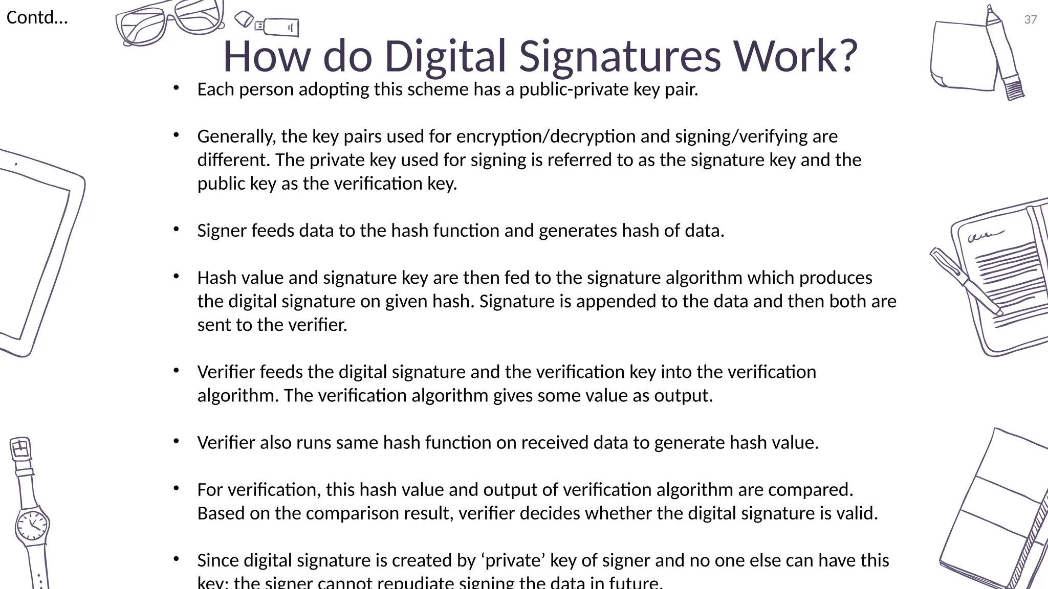 37
How do Digital Signatures Work?
Contd…
• Each person adopting this scheme has a public-private key pair.
• Generally, the key pairs used for encryption/decryption and signing/verifying are
different. The private key used for signing is referred to as the signature key and the
public key as the verification key.
• Signer feeds data to the hash function and generates hash of data.
• Hash value and signature key are then fed to the signature algorithm which produces
the digital signature on given hash. Signature is appended to the data and then both are
sent to the verifier.
• Verifier feeds the digital signature and the verification key into the verification
algorithm. The verification algorithm gives some value as output.
• Verifier also runs same hash function on received data to generate hash value.
• For verification, this hash value and output of verification algorithm are compared.
Based on the comparison result, verifier decides whether the digital signature is valid.
• Since digital signature is created by ‘private’ key of signer and no one else can have this
 