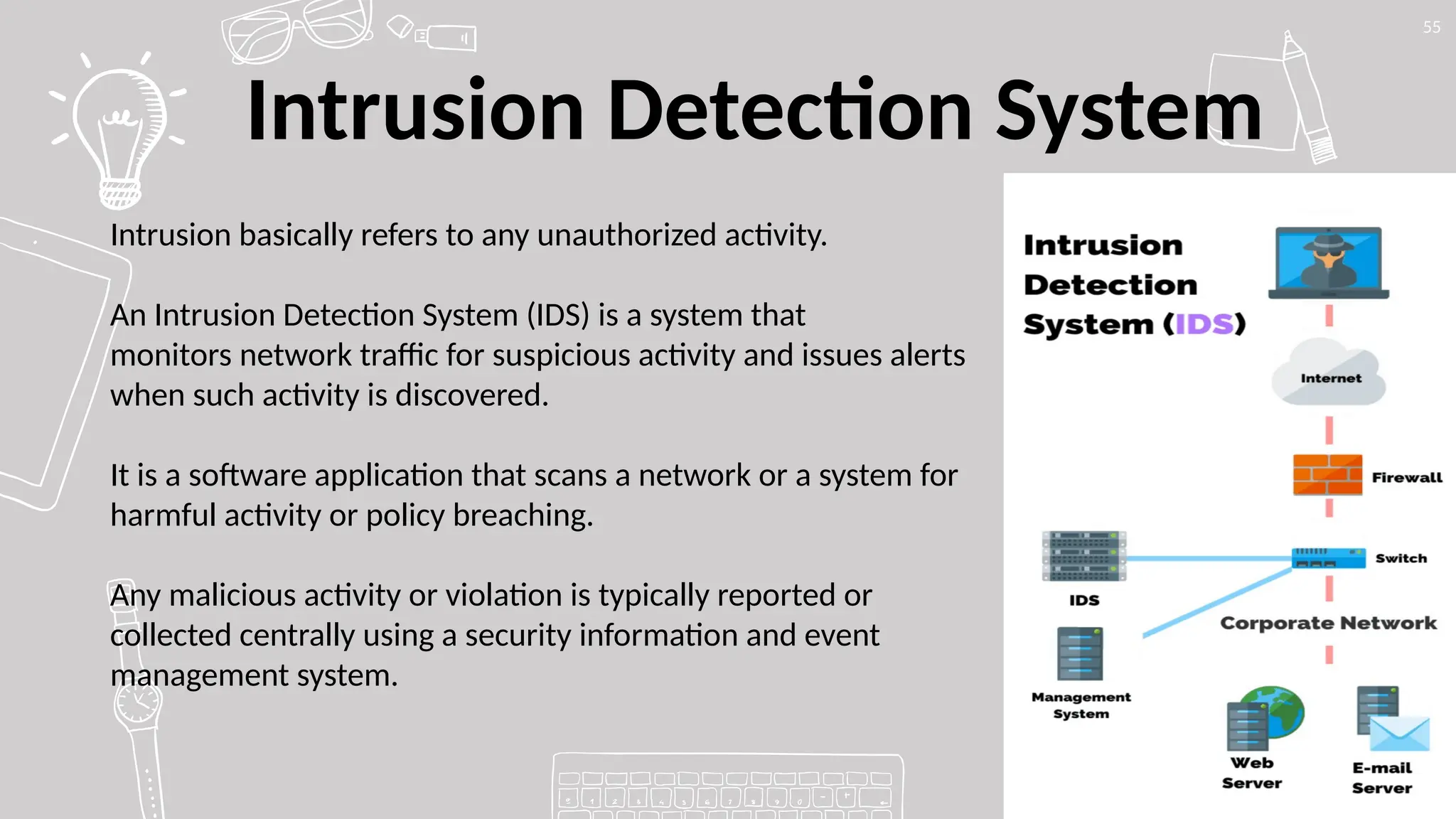 Intrusion Detection System
55
Intrusion basically refers to any unauthorized activity.
An Intrusion Detection System (IDS) is a system that
monitors network traffic for suspicious activity and issues alerts
when such activity is discovered.
It is a software application that scans a network or a system for
harmful activity or policy breaching.
Any malicious activity or violation is typically reported or
collected centrally using a security information and event
management system.
 