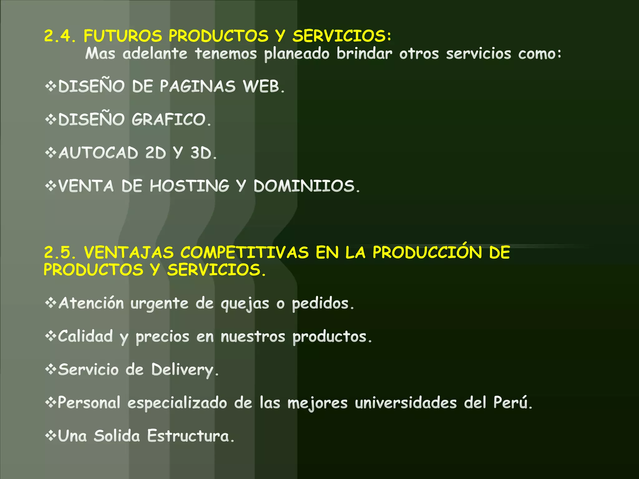 Fernando Valdivia de la Cruz (Administrador de empresas)Desde su inicio a tenido un crecimiento que en la actualizad nos ha permitido ganarnos el espacio entre las empresas de Tecnología del País y sus ventas han crecido mediante un método accesible para todos.  