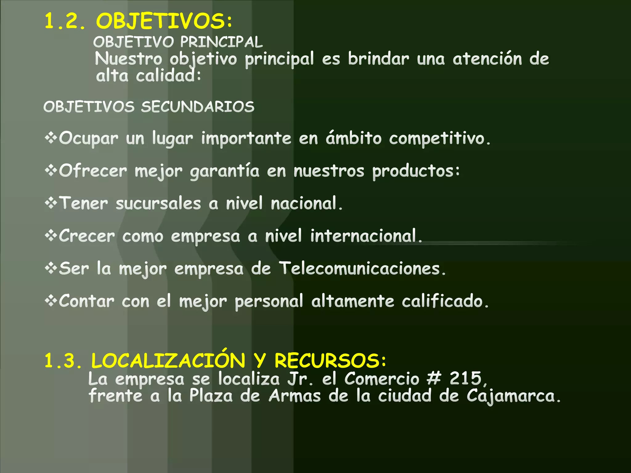 Fecha prevista de puesta en marcha: 01 de abril del 2010Inversión neta: $ 200.000.Necesidad de financiamiento: $ 150.00.Objetivo: Compra de equipos Nacionales e Internacionales.Venta prevista: S/. 1 000.000.Valor Actual Neto: Tasa descuento 10%