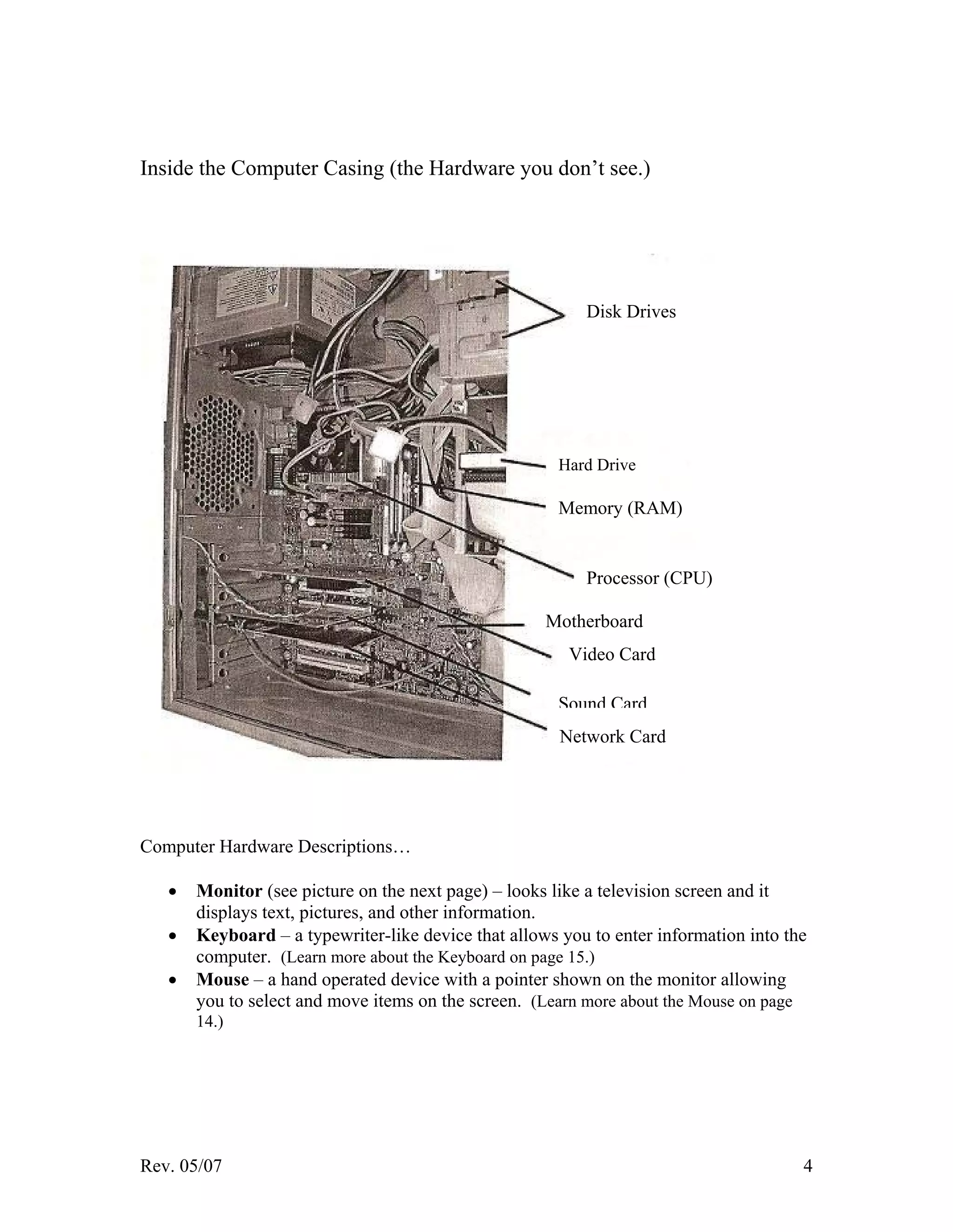 Rev. 05/07 4
Inside the Computer Casing (the Hardware you don’t see.)
Computer Hardware Descriptions…
• Monitor (see picture on the next page) – looks like a television screen and it
displays text, pictures, and other information.
• Keyboard – a typewriter-like device that allows you to enter information into the
computer. (Learn more about the Keyboard on page 15.)
• Mouse – a hand operated device with a pointer shown on the monitor allowing
you to select and move items on the screen. (Learn more about the Mouse on page
14.)
Disk Drives
Hard Drive
Memory (RAM)
Processor (CPU)
Motherboard
Video Card
Sound Card
Network Card
 