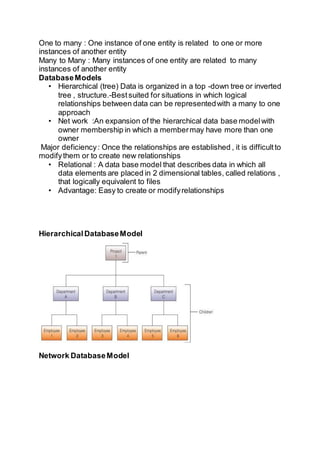 One to many : One instance of one entity is related to one or more
instances of another entity
Many to Many : Many instances of one entity are related to many
instances of another entity
DatabaseModels
• Hierarchical (tree) Data is organized in a top -down tree or inverted
tree , structure.-Bestsuited for situations in which logical
relationships between data can be representedwith a many to one
approach
• Net work :An expansion of the hierarchical data base modelwith
owner membership in which a membermay have more than one
owner
Major deficiency: Once the relationships are established , it is difficultto
modifythem or to create new relationships
• Relational : A data base model that describes data in which all
data elements are placed in 2 dimensional tables, called relations ,
that logically equivalent to files
• Advantage: Easy to create or modifyrelationships
HierarchicalDatabaseModel
Network DatabaseModel
 