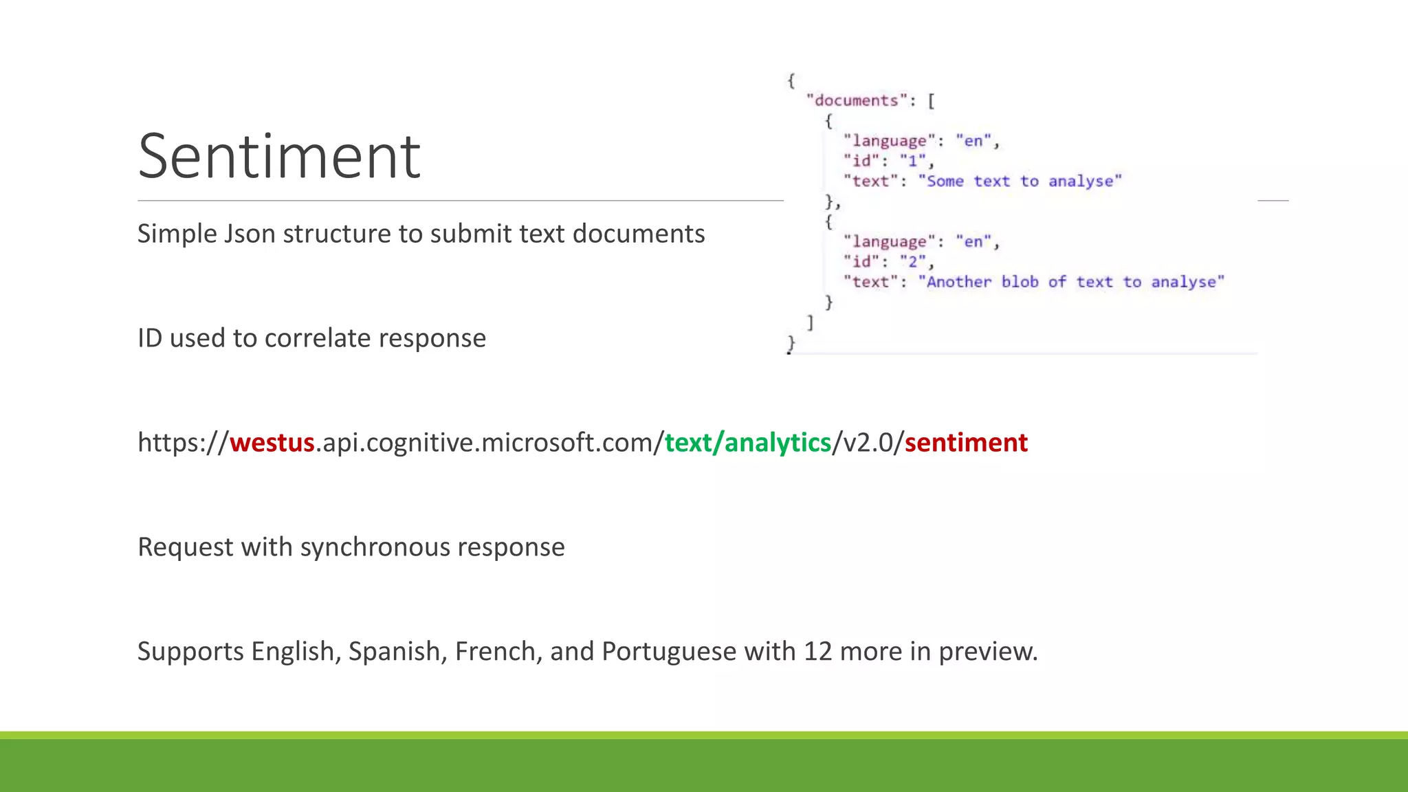 Sentiment
Simple Json structure to submit text documents
ID used to correlate response
https://westus.api.cognitive.microsoft.com/text/analytics/v2.0/sentiment
Request with synchronous response
Supports English, Spanish, French, and Portuguese with 12 more in preview.
 
