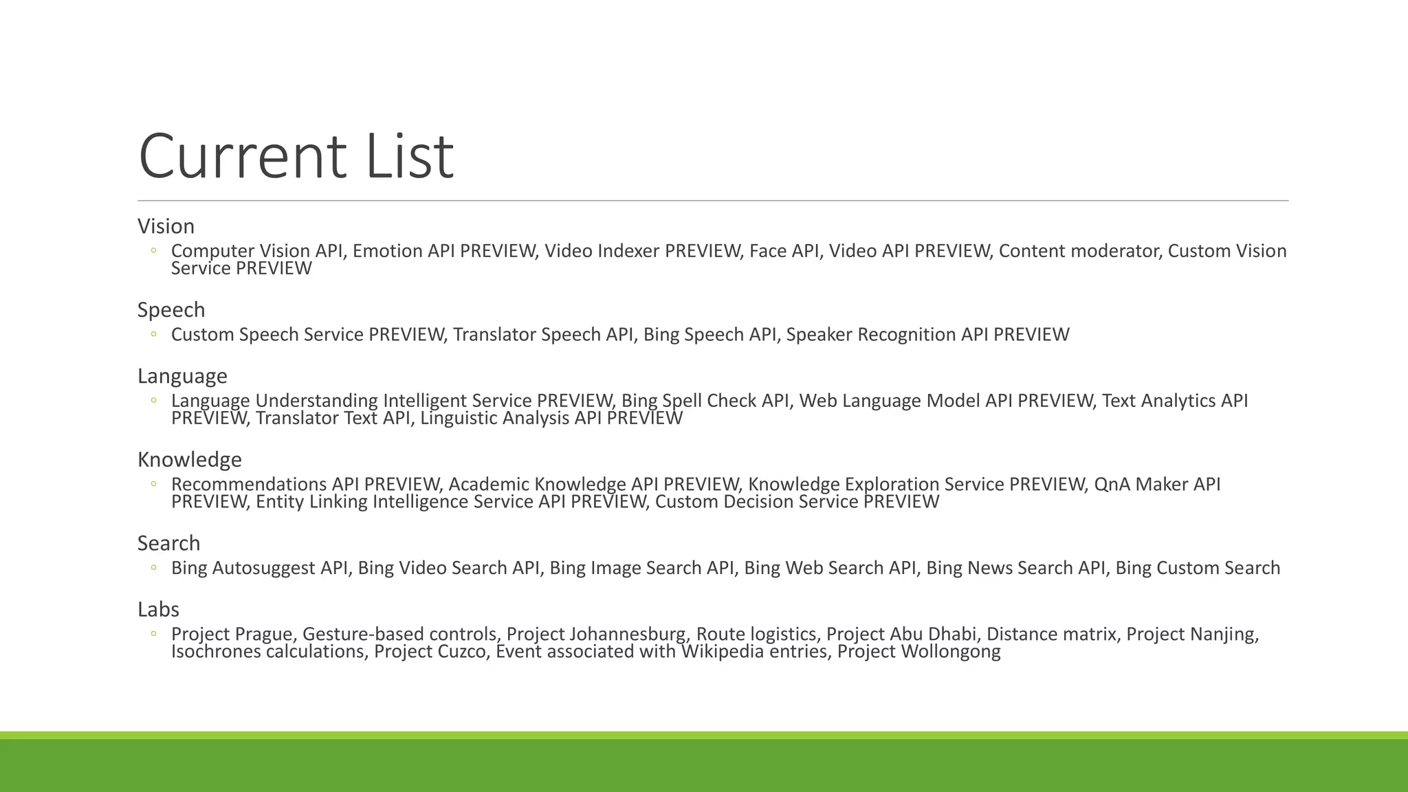 Current List
Vision
◦ Computer Vision API, Emotion API PREVIEW, Video Indexer PREVIEW, Face API, Video API PREVIEW, Content moderator, Custom Vision
Service PREVIEW
Speech
◦ Custom Speech Service PREVIEW, Translator Speech API, Bing Speech API, Speaker Recognition API PREVIEW
Language
◦ Language Understanding Intelligent Service PREVIEW, Bing Spell Check API, Web Language Model API PREVIEW, Text Analytics API
PREVIEW, Translator Text API, Linguistic Analysis API PREVIEW
Knowledge
◦ Recommendations API PREVIEW, Academic Knowledge API PREVIEW, Knowledge Exploration Service PREVIEW, QnA Maker API
PREVIEW, Entity Linking Intelligence Service API PREVIEW, Custom Decision Service PREVIEW
Search
◦ Bing Autosuggest API, Bing Video Search API, Bing Image Search API, Bing Web Search API, Bing News Search API, Bing Custom Search
Labs
◦ Project Prague, Gesture-based controls, Project Johannesburg, Route logistics, Project Abu Dhabi, Distance matrix, Project Nanjing,
Isochrones calculations, Project Cuzco, Event associated with Wikipedia entries, Project Wollongong
 