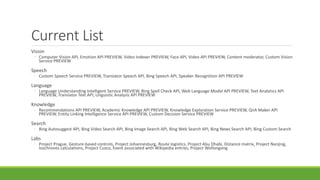 Current List
Vision
◦ Computer Vision API, Emotion API PREVIEW, Video Indexer PREVIEW, Face API, Video API PREVIEW, Content moderator, Custom Vision
Service PREVIEW
Speech
◦ Custom Speech Service PREVIEW, Translator Speech API, Bing Speech API, Speaker Recognition API PREVIEW
Language
◦ Language Understanding Intelligent Service PREVIEW, Bing Spell Check API, Web Language Model API PREVIEW, Text Analytics API
PREVIEW, Translator Text API, Linguistic Analysis API PREVIEW
Knowledge
◦ Recommendations API PREVIEW, Academic Knowledge API PREVIEW, Knowledge Exploration Service PREVIEW, QnA Maker API
PREVIEW, Entity Linking Intelligence Service API PREVIEW, Custom Decision Service PREVIEW
Search
◦ Bing Autosuggest API, Bing Video Search API, Bing Image Search API, Bing Web Search API, Bing News Search API, Bing Custom Search
Labs
◦ Project Prague, Gesture-based controls, Project Johannesburg, Route logistics, Project Abu Dhabi, Distance matrix, Project Nanjing,
Isochrones calculations, Project Cuzco, Event associated with Wikipedia entries, Project Wollongong
 