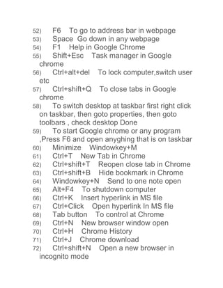 52) F6 To go to address bar in webpage 
53) Space Go down in any webpage 
54) F1 Help in Google Chrome 
55) Shift+Esc Task manager in Google 
chrome 
56) Ctrl+alt+del To lock computer,switch user 
etc 
57) Ctrl+shift+Q To close tabs in Google 
chrome 
58) To switch desktop at taskbar first right click 
on taskbar, then goto properties, then goto 
toolbars , check desktop Done 
59) To start Google chrome or any program 
,Press F6 and open anyghing that is on taskbar 
60) Minimize Windowkey+M 
61) Ctrl+T New Tab in Chrome 
62) Ctrl+shift+T Reopen close tab in Chrome 
63) Ctrl+shift+B Hide bookmark in Chrome 
64) Windowkey+N Send to one note open 
65) Alt+F4 To shutdown computer 
66) Ctrl+K Insert hyperlink in MS file 
67) Ctrl+Click Open hyperlink In MS file 
68) Tab button To control at Chrome 
69) Ctrl+N New browser window open 
70) Ctrl+H Chrome History 
71) Ctrl+J Chrome download 
72) Ctrl+shift+N Open a new browser in 
incognito mode 
 