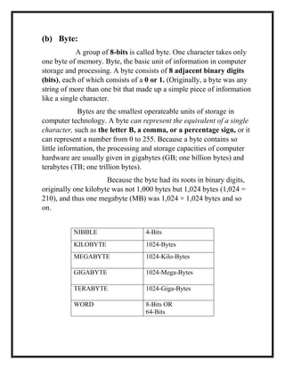 (b) Byte:
A group of 8-bits is called byte. One character takes only
one byte of memory. Byte, the basic unit of information in computer
storage and processing. A byte consists of 8 adjacent binary digits
(bits), each of which consists of a 0 or 1. (Originally, a byte was any
string of more than one bit that made up a simple piece of information
like a single character.
Bytes are the smallest operateable units of storage in
computer technology. A byte can represent the equivalent of a single
character, such as the letter B, a comma, or a percentage sign, or it
can represent a number from 0 to 255. Because a byte contains so
little information, the processing and storage capacities of computer
hardware are usually given in gigabytes (GB; one billion bytes) and
terabytes (TB; one trillion bytes).
Because the byte had its roots in binary digits,
originally one kilobyte was not 1,000 bytes but 1,024 bytes (1,024 =
210), and thus one megabyte (MB) was 1,024 × 1,024 bytes and so
on.
NIBBLE 4-Bits
KILOBYTE 1024-Bytes
MEGABYTE 1024-Kilo-Bytes
GIGABYTE 1024-Mega-Bytes
TERABYTE 1024-Giga-Bytes
WORD 8-Bits OR
64-Bits
 