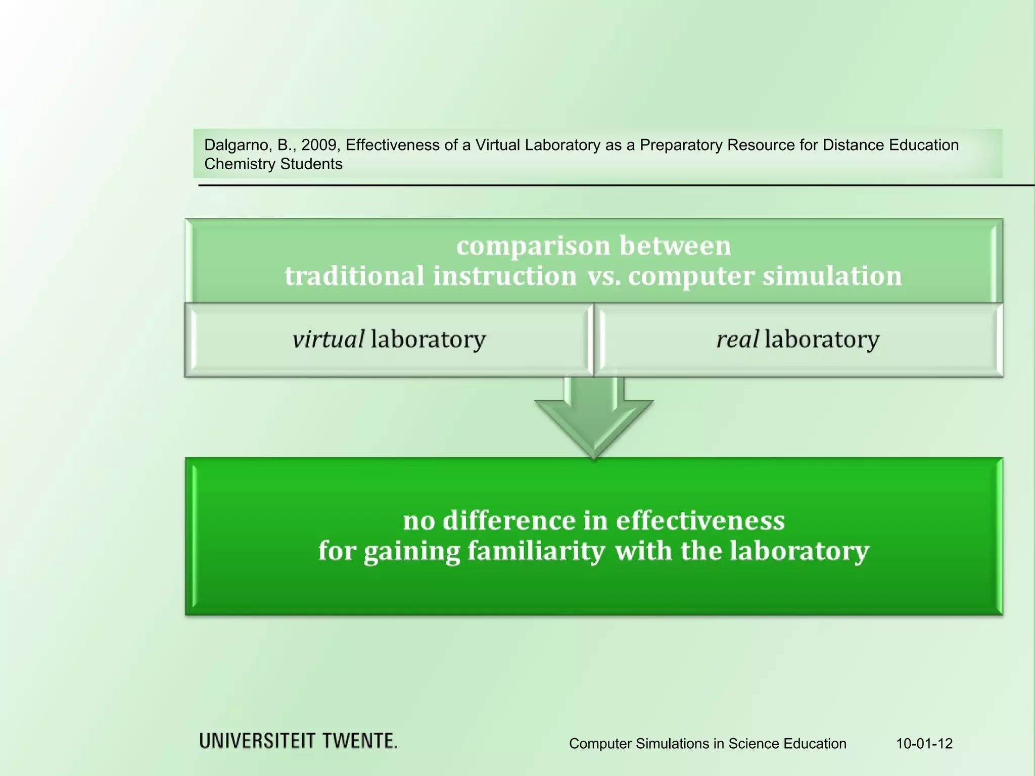 10-01-12 Computer Simulations in Science Education Dalgarno, B., 2009, Effectiveness of a Virtual Laboratory as a Preparatory Resource for Distance Education Chemistry Students 