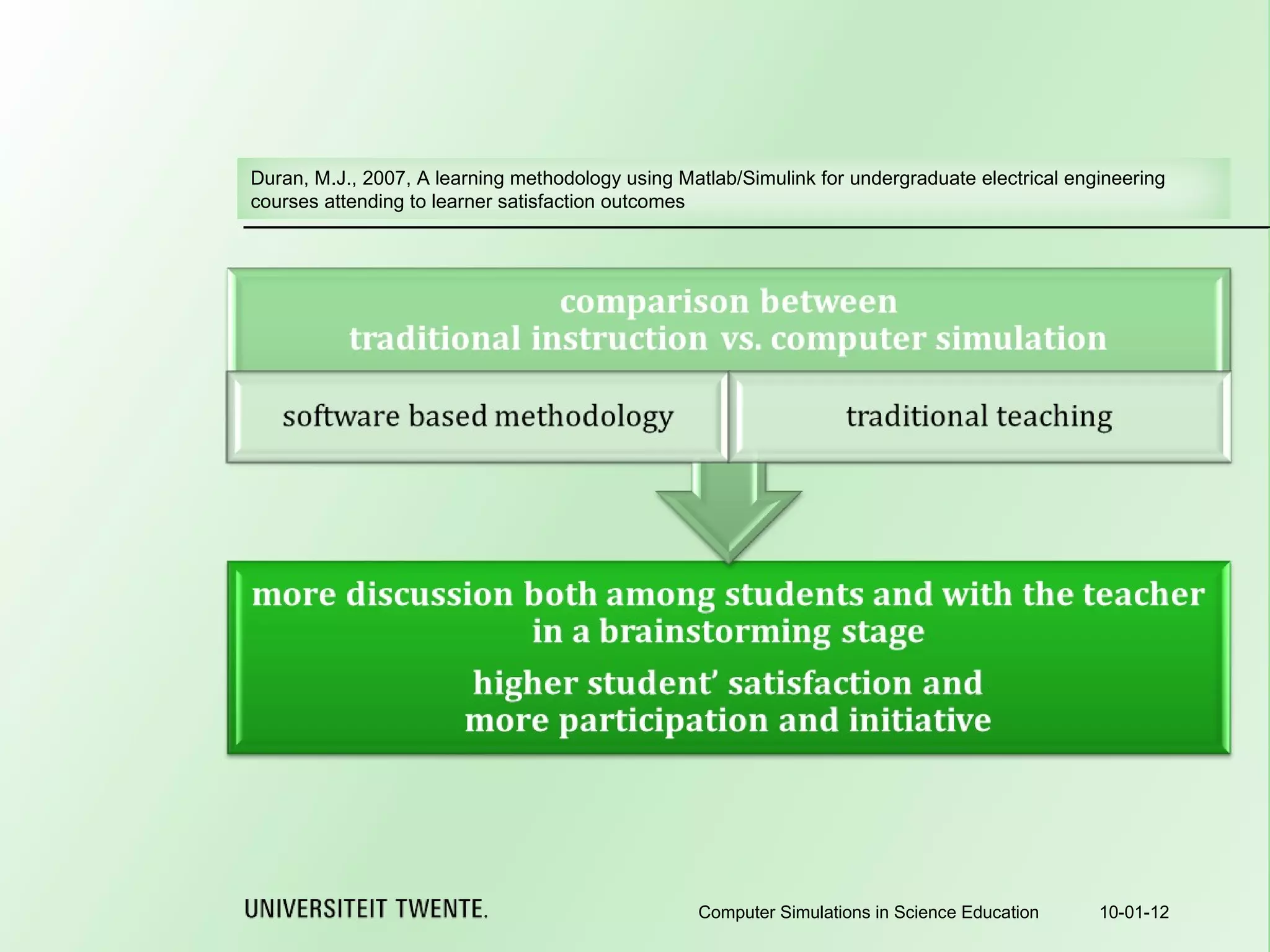 10-01-12 Computer Simulations in Science Education Duran, M.J., 2007, A learning methodology using Matlab/Simulink for undergraduate electrical engineering courses attending to learner satisfaction outcomes 