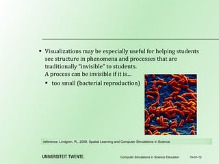 Visualizations may be especially useful for helping students see structure in phenomena and processes that are traditionally “invisible” to students. A process can be invisible if it is… too small (bacterial reproduction) 10-01-12 Computer Simulations in Science Education reference:  Lindgren, R., 2009, Spatial Learning and Computer Simulations in Science 
