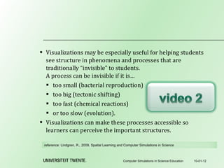 Visualizations may be especially useful for helping students see structure in phenomena and processes that are traditionally “invisible” to students. A process can be invisible if it is… too small (bacterial reproduction) too big (tectonic shifting) too fast (chemical reactions) or too slow (evolution). Visualizations can make these processes accessible so learners can perceive the important structures. 10-01-12 Computer Simulations in Science Education reference:  Lindgren, R., 2009, Spatial Learning and Computer Simulations in Science 